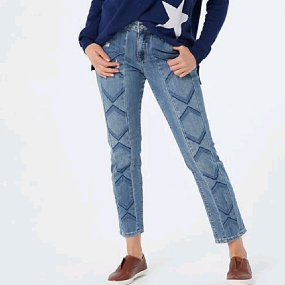 Laurie Felt Men's Light Blue Slim Leg  Embroidered Chevron Ankle Jeans Sz.6